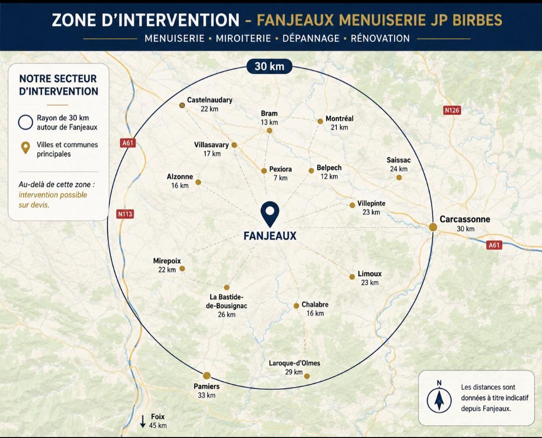 Carte de la zone d'intervention de la menuiserie miroiterie Jean Pierre Birbes dans l'Aude et l'Ariège pour les travaux de menuiserie, miroiterie, remplacement de double vitrage, dépannage et amélioration du confort de l'habitat